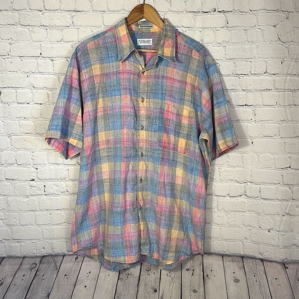 Tuttle Golf Collection Plaid Shirt Hand Woven Madras Pink‎ Purple Mens size L